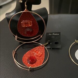 Sparkling Red Teardrop Earrings with Gold Hoops